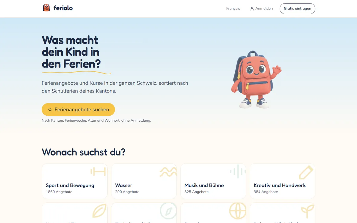 Startseite von feriolo.ch am Computer